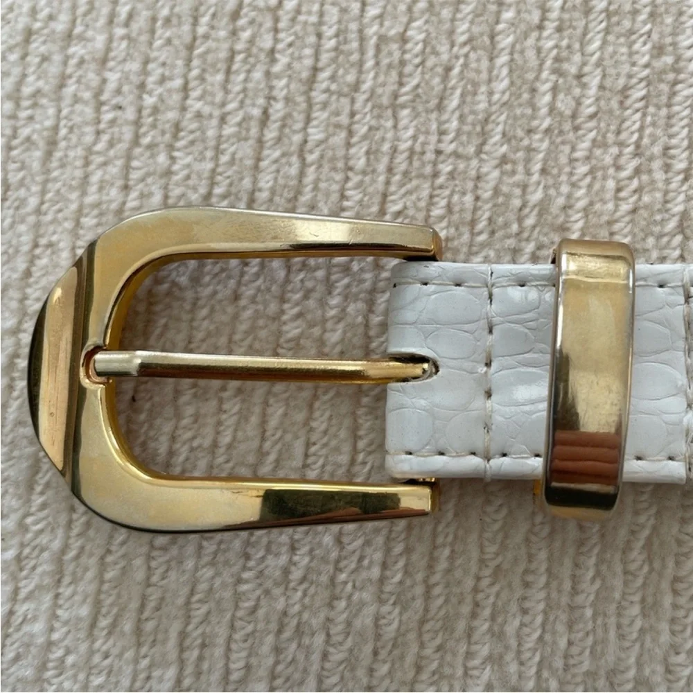 White Leather And Gold Belt With Leopard Medallions